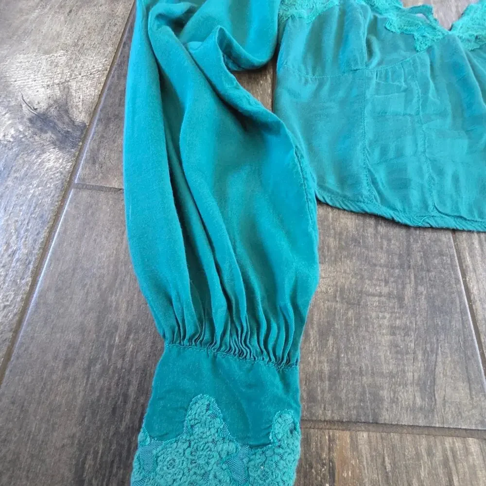 #498 Free People Teal Knit Top with Lace Detail